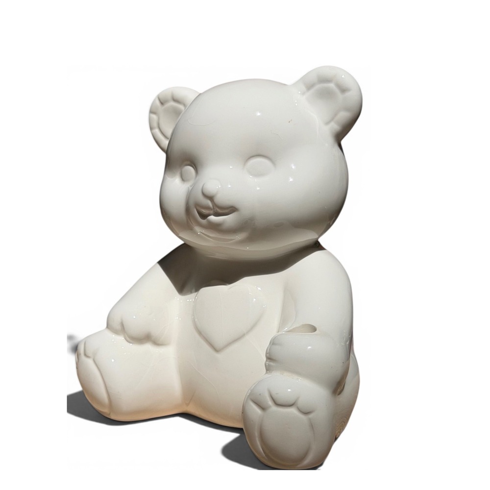 Teddy Bear Coin Bank Russ Berrie White Ceramic Heart #5952 Piggy Bank Nursery
